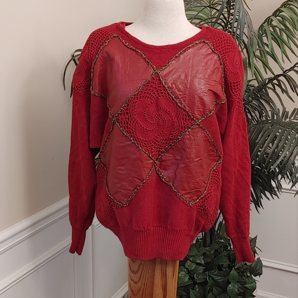 Andriano i Fatigati Vintage Red Leather Diamond patches Sweater Full Sleeves M